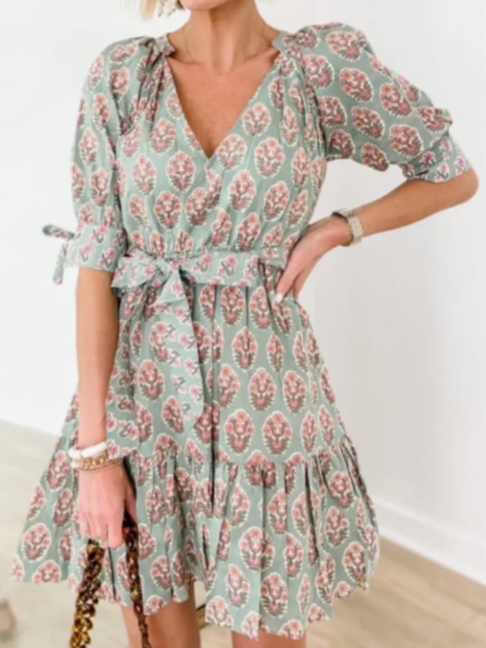 Marea by Liz Joy Floral Wrap Mini Dress in Mint with Pink Motif